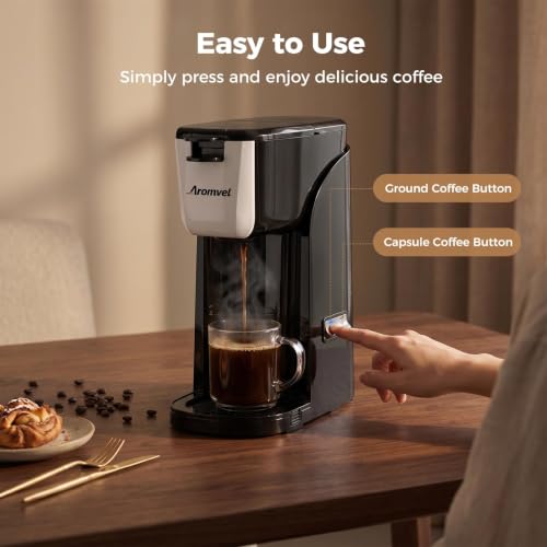 Aromvel 2-in-1 Single Serve Coffee Maker Silver, K-Cup & Ground Brew, Compact