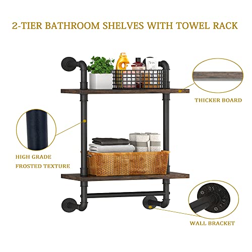 Brown 16-Inch Industrial Pipe Floating Bathroom Shelf with Towel Bar - Rustic Wall Storage