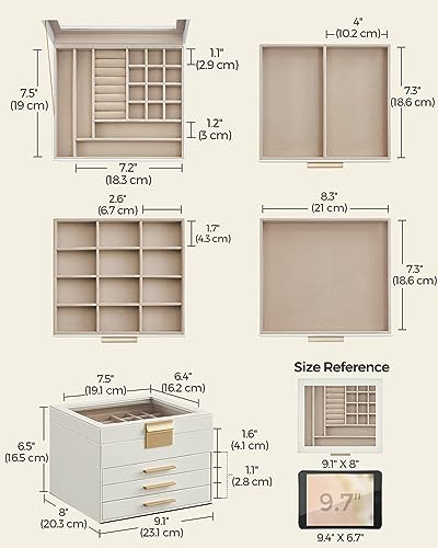 SONGMICS Cloud White & Gold Jewelry Box Organizer 4-Layer Storage with Glass Lid