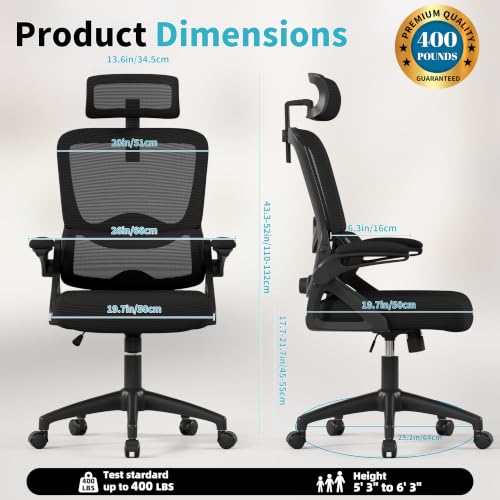 Nexthro Deep Black Mesh Office Chair with Lumbar Support & Headrest, Heavy-Duty Big & Tall Desk Chair