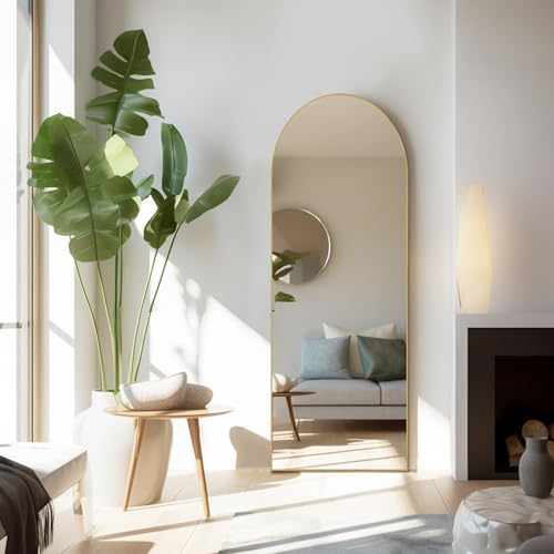 HAPPYMONT Gold Arched Full Length Mirror 64x21 Inches, Floor Standing & Wall Mountable
