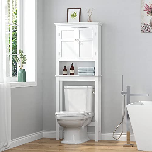 Over Toilet Storage Cabinet with Doors and Adjustable Shelf - White Bathroom Organizer