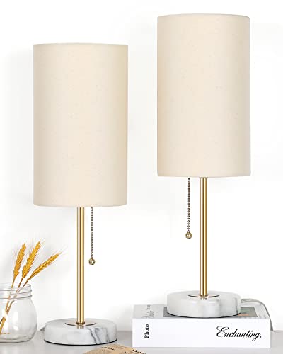 JUNNAI Set of 2 Small Dimmable Bedside Table Lamps with Marble Base & Linen Shade - Gold & Marble Variant