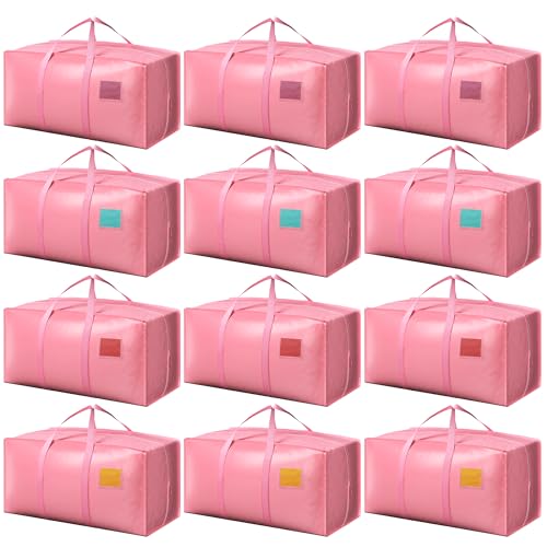 Pink 12 Pack Heavy Duty Waterproof Moving Bags 93L with Full-Open Side Zipper