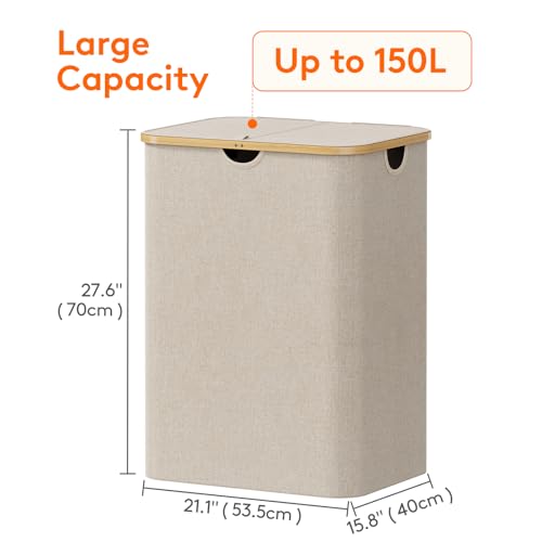 Large Laundry Basket with Lid and Removable Bags - 150L Beige, Collapsible & Easy Carry