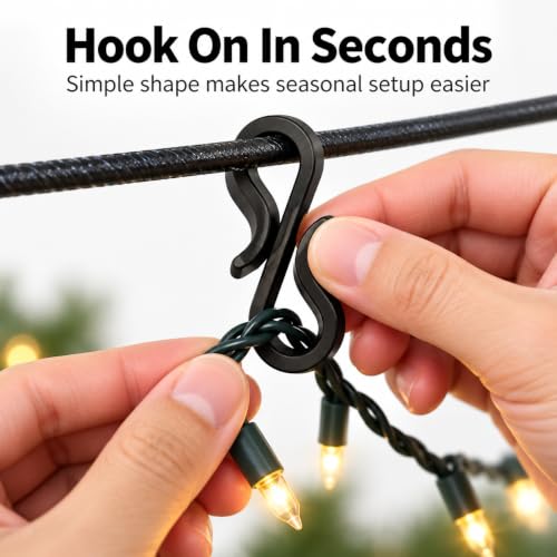 50-Pack Black S Hooks for Outdoor Christmas Lights - Lightweight Plastic