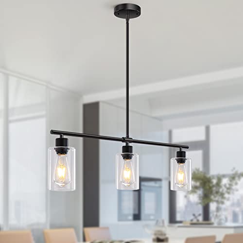 Black 3-Light Rectangular Kitchen Island Pendant Light with Glass Shades - Adjustable Height