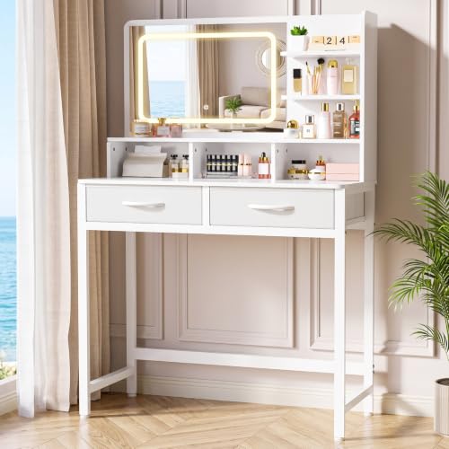 Small Vanity Desk with Mirror and Lights - 31.5 x 15.8 x 51.2 Inches, 2 Fabric Drawers