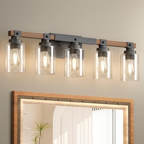 Amico 5-Light Farmhouse Bathroom Vanity Light with Seeded Glass & Black Wood Finish - Rustic Decor