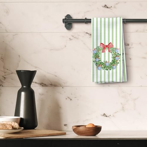 Tzhim Green Wreath Christmas Kitchen Towels 16x24in Hand Dishcloth Holiday Decor