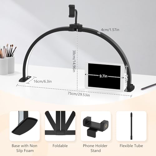 Yokilly 29 Inch Black Foldable Half Moon Nail Desk Light with 360° Phone Holder