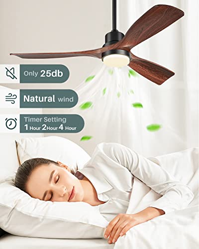 52 Inch Ceiling Fan with Lights and Remote - Black & Walnut Wood Blades