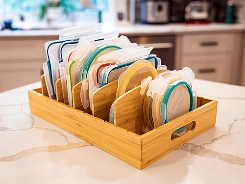 X-Large Bamboo Food Container Lid Organizer for Kitchen Cabinets