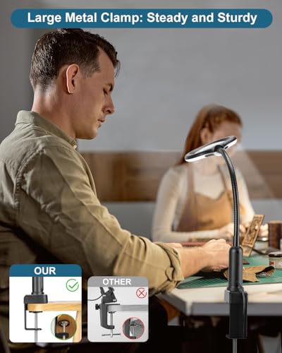 Black 12X Magnifying Glass with Light & Stand - LED 5 Color Modes, Stepless Dimming, Hands-Free Desk Clamp Lamp for Crafts & Close Work