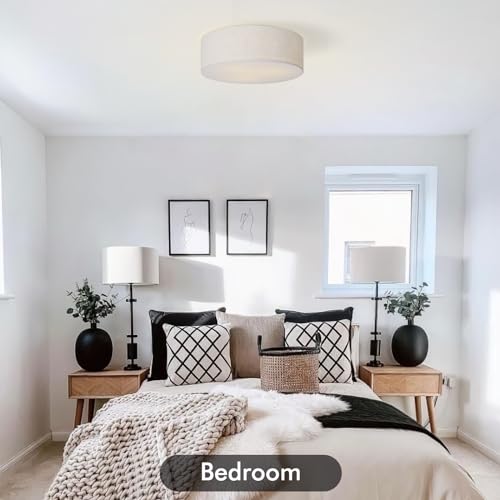 Calokes 18-Inch Large Flush Mount Ceiling Light Fixture with Fabric Shade - Beige, Modern Drum Design for Living Room, Bedroom, Kitchen