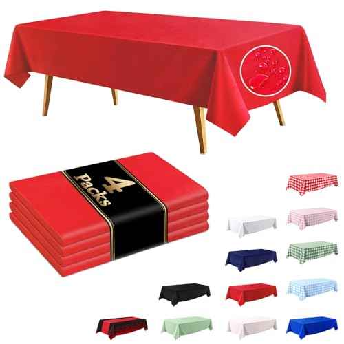 4 Pack Red Disposable Tablecloth, 54¡¿108 Inches Waterproof Plastic Rectangle Table Cover, Leakproof & Sturdy Table Cloth for for Christmas Decorations, Valentines Day, Thanksgiving Decoration
