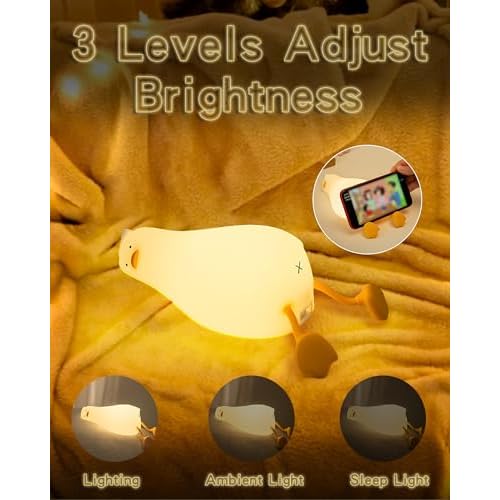Lying Flat Duck Night Light, Cute Silicone Duck Lamp, LED Nursery Nightlight, Dimmable Bedside Touch Lamp, Rechargeable Light Up Duck for Breastfeeding Toddler White, LADK001WH