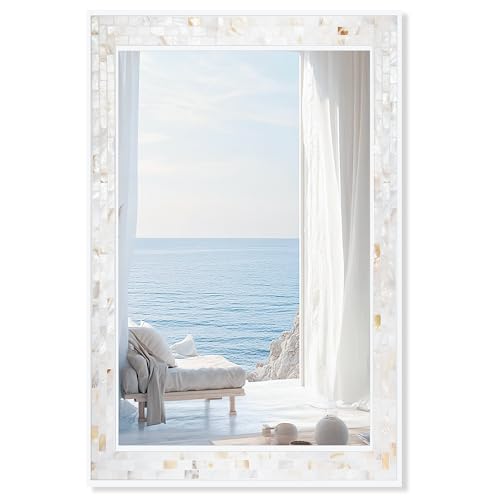 24 x 36 Inch White Mosaic Bathroom Wall Mirror - Natural Shell Frame, Tempered Glass, Coastal Style Variation of THIS listing