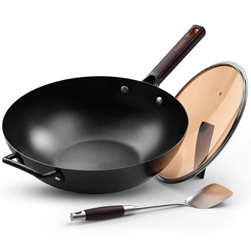 Pre-Seasoned Flat Bottom Carbon Steel Wok with Lid & Spatula - 13.5" - Sumeiguan Variation 1