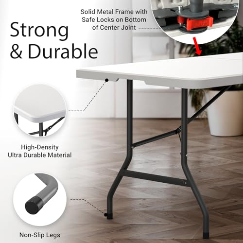 White 6FT Foldable Camping & Dining Table with Handle - Heavy Duty Portable
