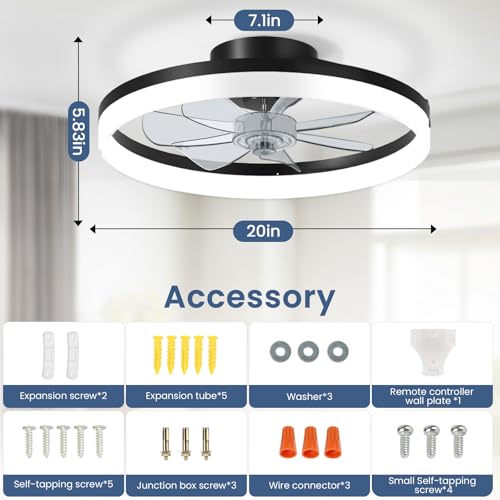Black 20-Inch Low Profile Ceiling Fan with Light and Remote Control