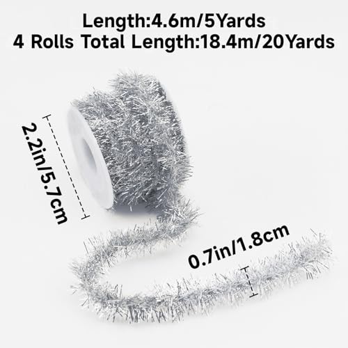 KINGLAKE Glitter Christmas Tinsel Garland - 4 Rolls 60 FT Christmas Tree Tinsel Garland Xmas Red Green Gold Silver Mini Tree Glitter Garland for Mini Tree Craft Gift