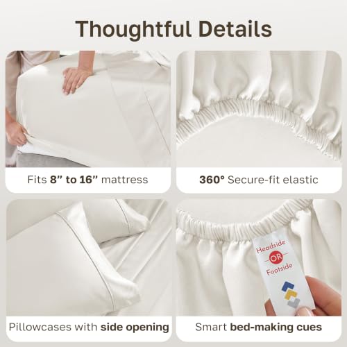 Ivory King Bed Sheet Set - 100% Cotton Sateen, 4-Piece, Deep Pockets