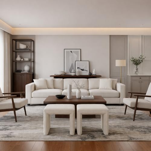 HomePop 19" Modern Channel Tufted Ottoman - Cream Boucle, Compact Footrest