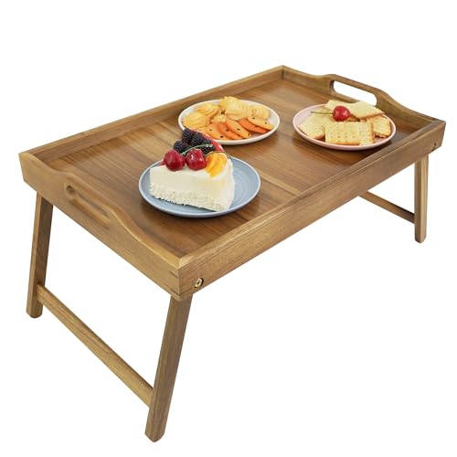 Large Acacia Bed Tray Table with Foldable Legs for Breakfast, Reading, and Laptop Use