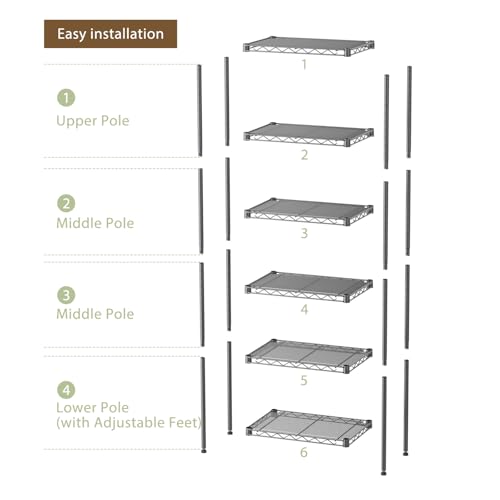 Black 6-Tier Wire Storage Shelf - Adjustable Metal Shelving Unit 17.5x11.5x61.5 Inches