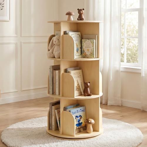 Shaneroady 3-Tier Wooden Rotating Bookshelf for Kids - 360° Spinning Bookcase