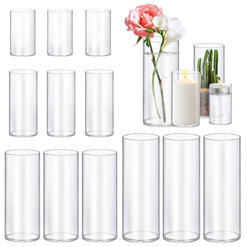 12 Pack Glass Cylinder Vases Set - Clear Flower & Candle Holders 4,6,8,10 Inch