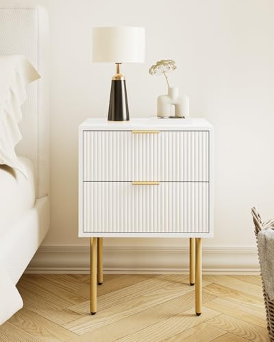 Aienvey Nightstand with 2 Drawers - White & Gold Frame, Modern Bedroom Side Table
