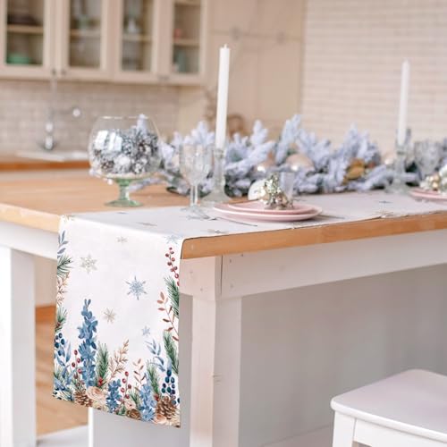 Winter Frosty Roses Table Runner 13x36 in Pine Branch Berry Burlap | Cloudfomila — Christmas Holiday