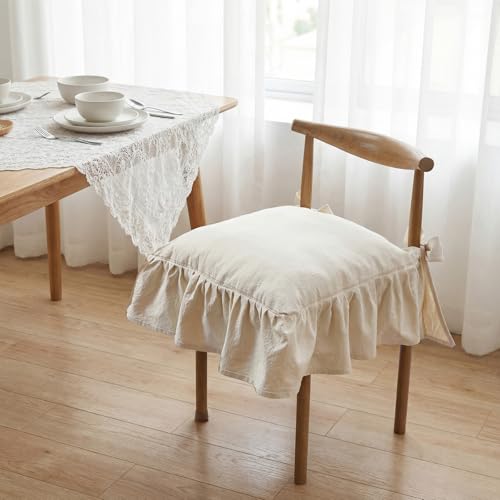 Novabright Ruffle Chair Cushions Cover Set Retro Cream White No Padding 17.5x17.5 Inch French Style Slipcovers with Ties, 6 Pack