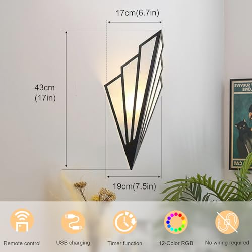 Black Modern Battery Operated Wall Sconce Set of Two with Remote RGB Dimmable LED Lighting