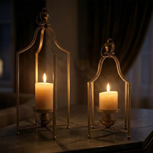 12.5 & 16.5 Inch Antique Gold Decorative Lanterns Set of 2 - Farmhouse Candle Holders