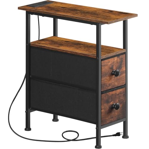 HOOBRO Rustic Brown & Black Narrow End Table with Charging Station - 7.8"L x 18.9"W x 23.6"H, 2 Drawers, Slim Nightstand for Small Spaces