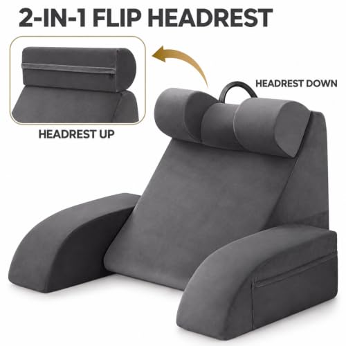 Velorose Medium 19-Inch Reading Pillow for Sitting Up in Bed, Grey, Flip-Up Headrest