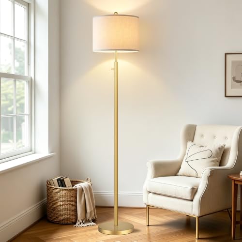 Dimmable Floor Lamp with Linen Shade - Gold Finish, Tall Standing Light, 11W LED Bulb Included, Modern Living Room & Bedroom Decor - Gold Line Shade