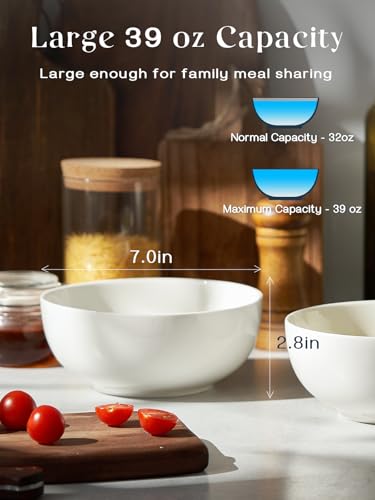DOWAN 39 OZ Soft White Ceramic Soup & Pasta Bowls Set of 4 - Deep Noodle & Salad Bowls