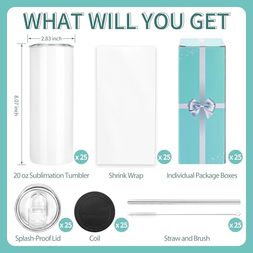 25 Pack 20oz White Sublimation Tumblers - Skinny Straight Drinkware with Gift Box