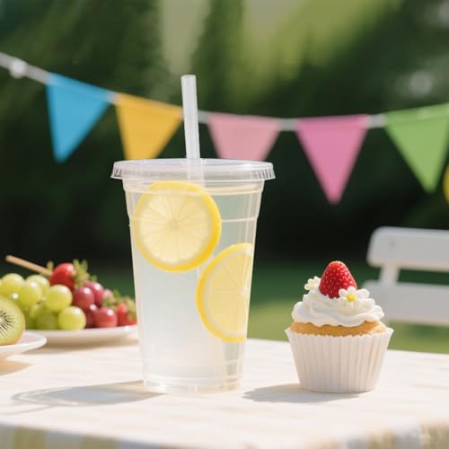 32 oz Disposable Plastic Cups with Lids & Straws - 100 Set for Cold Drinks & Takeout - Variation: 32.0 Ounces / 100