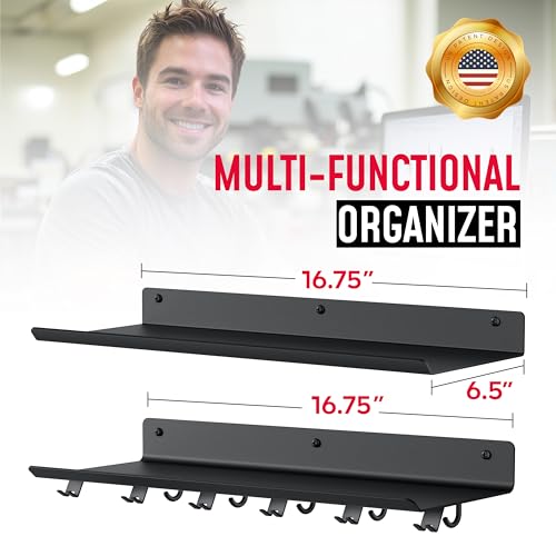 2-Tier Floating Wall Shelf for Gym Accessories with Hooks - Black