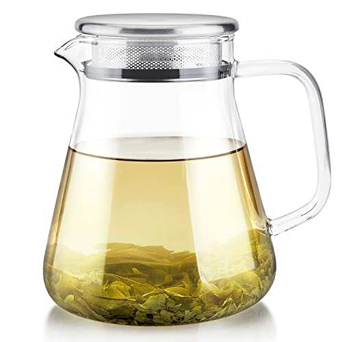 Plastic-Free Glass Teapot & Kettle 27 oz - One-Touch, Filter Lid, Borosilicate