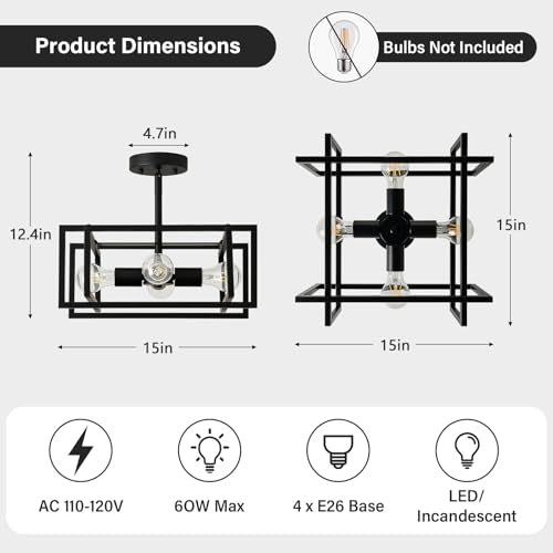 Xvbhta Black 4-Light Semi Flush Mount Ceiling Light Fixture - Industrial Farmhouse Style