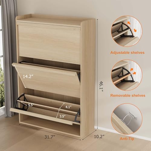 GarveeHome Shoe Cabinet with 3 Flip Drawers, Wooden Organizer