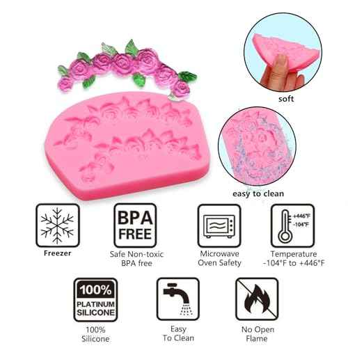 Rose Flowers Chocolate Molds Silicone, 4 Packs Rose with Leaves Garland Chocolate Molds for Relief Cake Decoration Cupcake Toppers Candy Sugar Craft Polymer Clay Resin