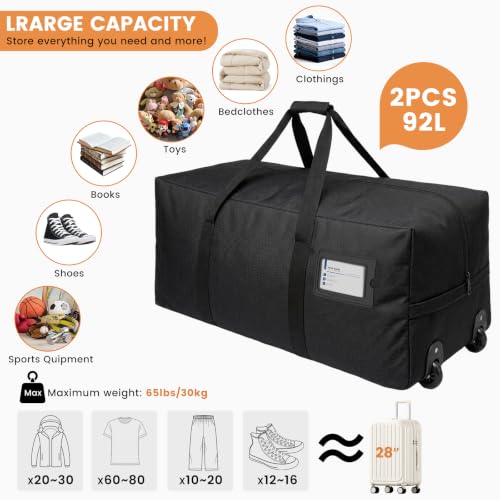 Heavy Duty Travel Duffel Bag with Wheels - 92L Large Black Rolling Bag