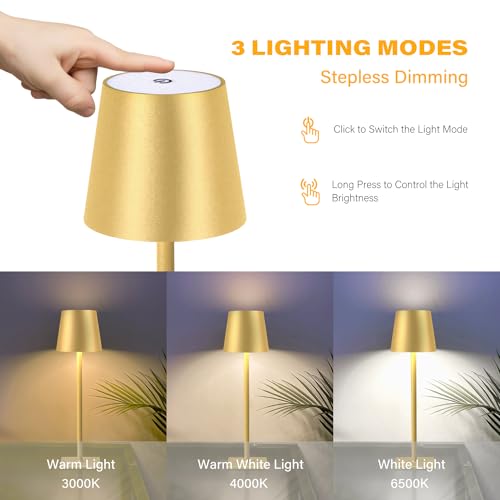 Cordless Table Lamp - 3 Light Modes, Stepless Dimming, Gold Finish, 5000mAh Rechargeable Battery, LED Desk Light for Bedroom & Dining